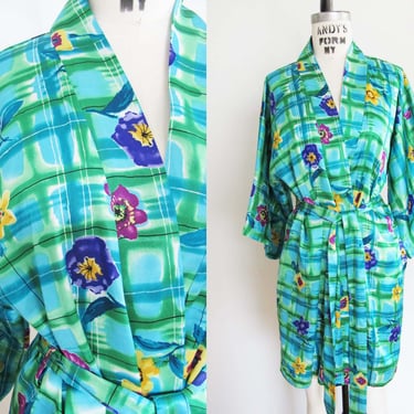 Vintage 70s Satin Floral Short Robe S M - 1970s Blue Green Pansy Flower Lounge Silky Getting Ready Robe 