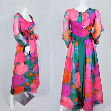 Shannon Rodgers 1970's Bold Floral Silk Organza Sheer Long Maxi Dress I Sz Med I Jerry Silverman 