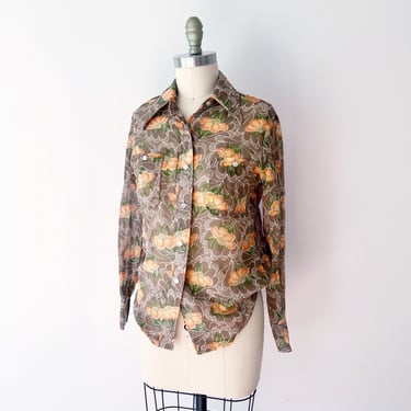 SIZE S 1970s Brown Floral Cotton Gauze Blouse / 70s Button Up Pointed Collar Autumn Floral Shirt / Vintage Unique Sheer Gauze Top Fall 