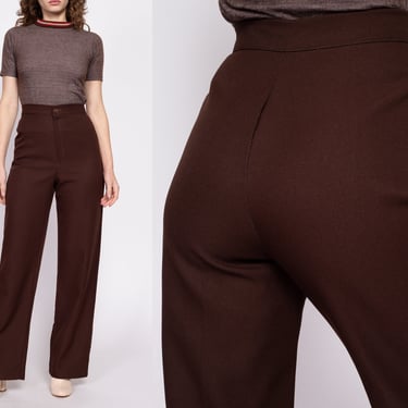 70s Brown High Waisted Pants - Small, 27" | Vintage Straight Leg Retro Plain Trousers 