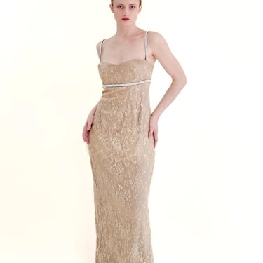 Dolce & Gabbana Gold Lace Dress W Rhinestone Empire Waist 