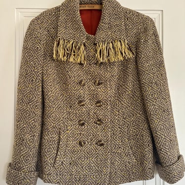 Vintage 60s 70s Tweed Double Breasted Peacoat Yellow Brown Small Medium Fringe by TimeBa