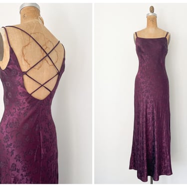 Vintage ‘90s aubergine gothic party dress | bias cut rayon satin maxi dress, purple & black floral, S 