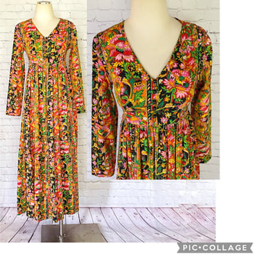 Floral Midi Dress • Psychedelic Mod •  Flower Print • Black • Barkcloth Cotton • 1970s • Peasant / Prairie • Cottagecore Boho Hippie Gypsy 