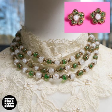 GORGEOUS & RARE Vintage 40s 50s Green Gold White Clear Glass Beaded Necklace and Earring Set by Giuliano Fratti 