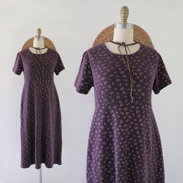 ditsy floral market dress - s - vintage 90s y2k womens size small cotton knit long maxi micro small floral purple short sleeve 