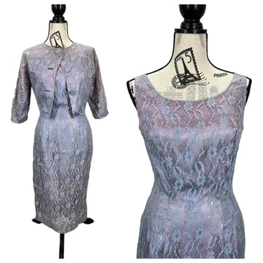 Vintage 60's Lavender and Lace Pencil Dress Size M with Metal zipper and Jacket