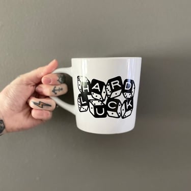 Hard Luck dice white & black ceramic mug 