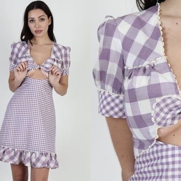 Sexy 70s Western Hoedown Dress, Peek A Boo Tie Front Bodice, Gingham Print Country Style Frock, Vintage Farm Checkered Mini 