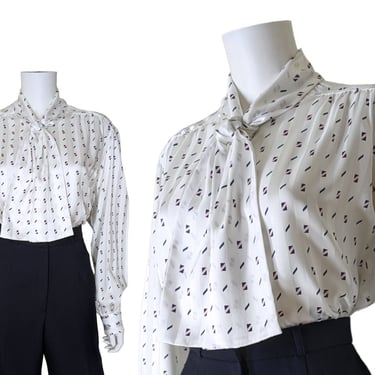 Vintage White Blouse, Extra Large / Silky High Neck Button Blouse with Geometric Print / Long Sleeve Tie Collar Cocktail Blouse 