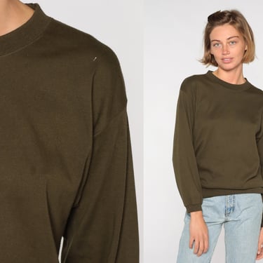 Olive Green Sweatshirt 80s Sweatshirt Plain Long Sleeve Shirt Slouchy 1980s Vintage Sweat Shirt Medium 