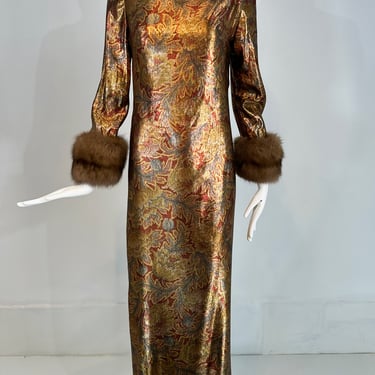 Oscar de la Renta Gold Silk Lame Evening Gown Button Back Sable Cuffs 1990s 4