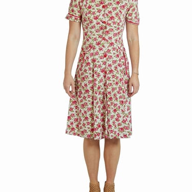 1940S Red & White Floral Cotton Short Sleeve Dress 