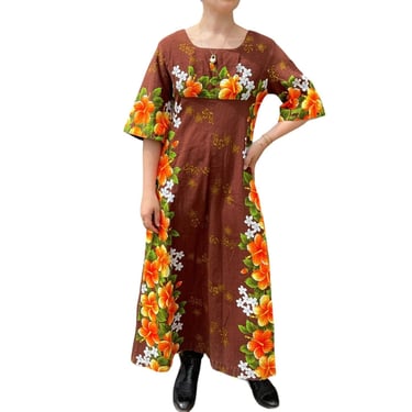 Vintage 1960s Womens Ui Maikai Hawaiian Tropical Floral Maxi Retro Dress Sz M 