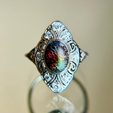 Fine Antique Art Deco Platinum Koroit Opal & Diamond Navette Ring Sz 7.5 3.5g 