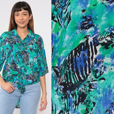 Abstract Zebra Print Blouse 90s Tie Front Top Button up Shirt Animal Print Short Sleeve Boho Blue Green Psychedelic Vintage 1990s Medium M 