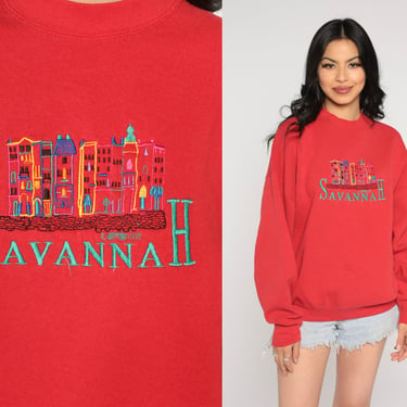 Savannah Sweatshirt 90s Red Georgia Shirt Retro Embroidered Town Crewneck Pullover Hipster Cute Tourist Sweater Vintage 1990s Extra Large xl 
