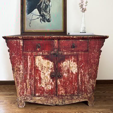 Antique Red Lacquered Chinese Elm Wood Altar Cabinet Sideboard Server 