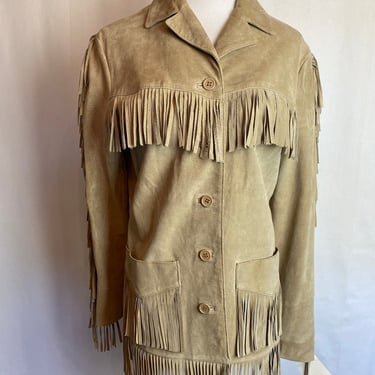 Fringed suede jacket light soft beige buff sand color semi tailored fit 1990’s make Women’s western vibes rock n roll country size small 