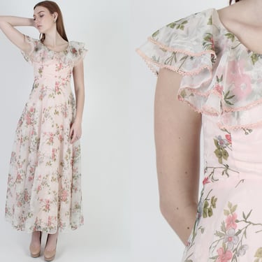 1970's Cherry Blossom Floral Dress, Watercolor Print Long Garden Dress, Orchard Bridal Chiffon Maxi 