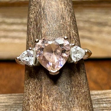 Pink Crystal Heart With Triangle Clear Stones On Silver Tone Ring Band Retro 