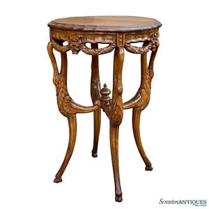 Antique French Empire Walnut Carved Swan Round Plant Stand Side Table