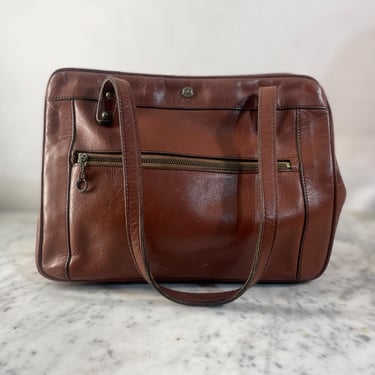 Vintage Leather Handbag by John Romain in Chestnut with Brass Hardware, Handmade in USA, circa 1970s 