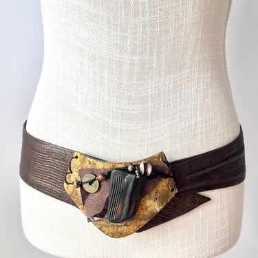 1980s Leather Belt Brown Handmade Decorative Buckle Nina Galardi 