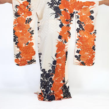 1960S Silk Jacquard Orange  Black Floral Kimono 