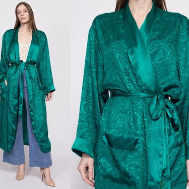 90s Victoria's Secret Jade Green Jacquard Satin Robe - Large | Vintage Floral Boho Loungewear Kimono 