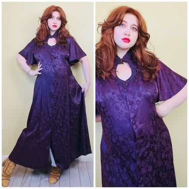 1990s Vintage New Frontier Purple Lace Up Back Dress / 90s Rayon / Acetate Flutter Sleeve Cut Out Western Dress / Size 22 