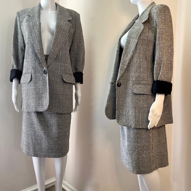 1980's Wool Blend Two Piece Skirt with Oversized Blazer Black and White M/L 