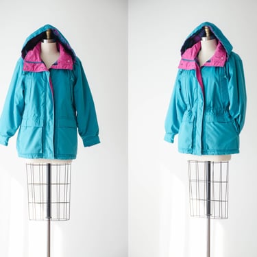 turquoise hooded jacket | 80s 90s vintage Pacific Trail hot pink blue heavy warm cotton outdoor hiking utility coat 