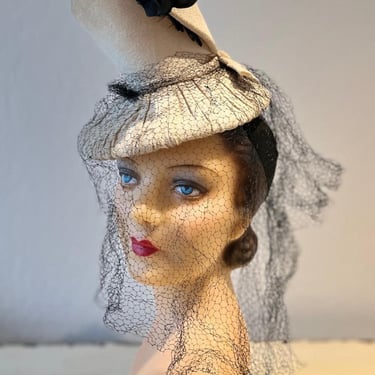 Lean Away - Vintage 1940s Outrageous Ivory Textured Rayon Tall Stove Top Hat w/Curled Black Feathers Veil 