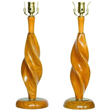 Pair of Carved Spiral Mid-century Lamps 