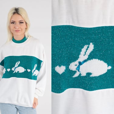 Bunny Sweatshirt Metallic Rabbit Sweater 80s 90s White Teal Animal Sweatshirt Heart Ringer Double Collar Graphic Shirt Kawaii Vintage Large 