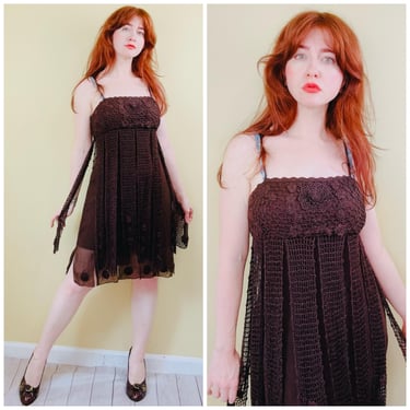 Y2K Vintage Sue Wong Silk Brown Crochet Dress / Empire Waist Romantic Eearth Fairy Fringe Dress / Size Medium 