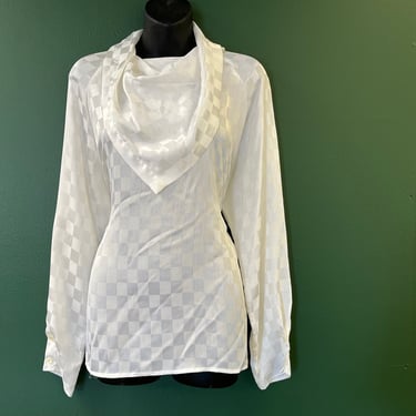 vintage white bib blouse 1980s checkered scarf jabot top XL 