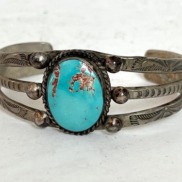 Vintage OLD PAWN Silver & Turquoise NAVAJO Bracelet / Cuff ~ Antique ~ Stamped ~ 
