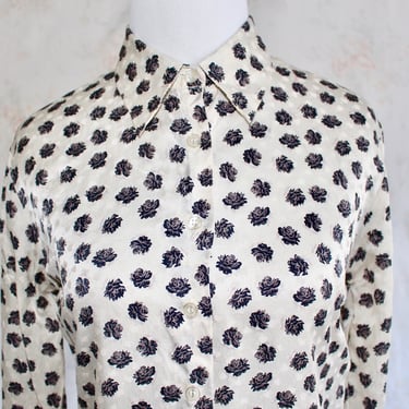 Vintage 80s Silk Button Up Blouse, 1980s Collar Blouse, Floral Print, Secretary, Long Sleeve, White 