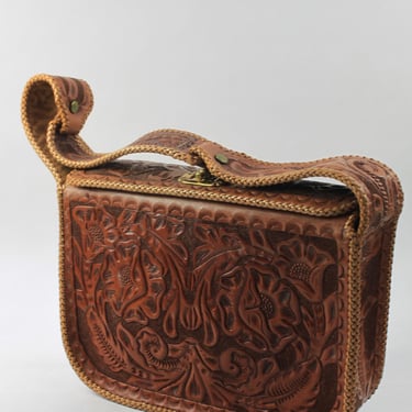 1960s 1970s Hand-Tooled Genuine Leather Handbag Never Used Mint 