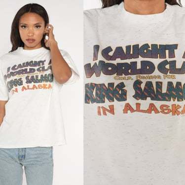 Funny Fishing Shirt 90s Alaska T-Shirt Caught A World Class Cold King Salmon Joke Fisherman Graphic Tee Single Stitch Vintage 1990s Large L 
