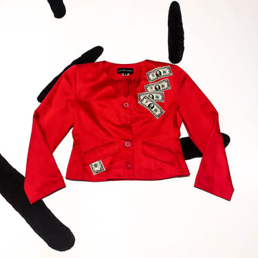 90s Adrienne Landau Red Dollar Applique Blazer / Cropped / Fitted / Embroidered / 100 Dollar Bills / Money / Currency / Novelty / The Nanny 