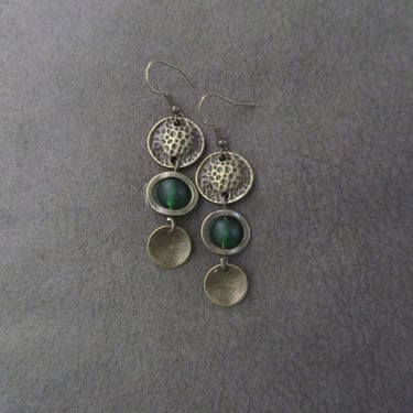 Mid century modern green frosted glass and bronze earrings 