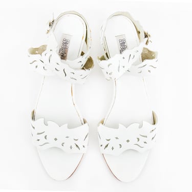 Vintage White Leather Cut Out Ankle Strap Wedge Sandals size US Women's 10B 