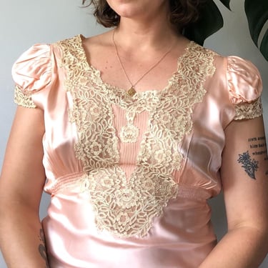Vintage 30's 40's Peachy pink Silk Slip dress / 1930's Lace and satin lingerie / Medium Large by Ru