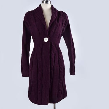 Irish MERINO WOOL Duster Cardigan Sweater Jacket Eggplant Purple Aran Crafts Ireland Long Wool Coat Chunky Cable Knit Marooon 