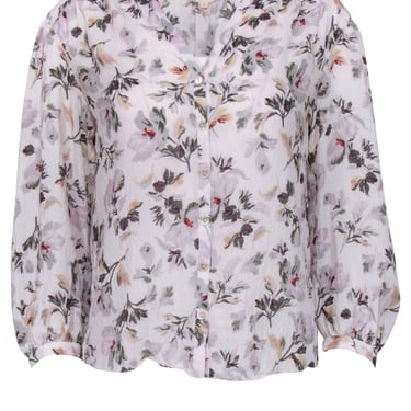 Rebecca Taylor - Ivory Hammered Silk Blend Floral Print Button Up Shirt Sz 2