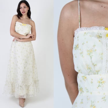 Vintage 70s Floral Prairie Wedding Dress, Chiffon Spaghetti Strap Full Skirt Prom Dress, Long Lightweight Tiered Formal Event Dress 