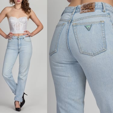 90s High Waist Guess Jeans - Small | Vintage Light Blue Denim Tapered Leg Mom Jeans 